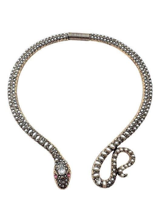 Jewelry - Snake Necklace Faux Pearl Pink Rhinestone Gold Tone Collar Statement Necklace
